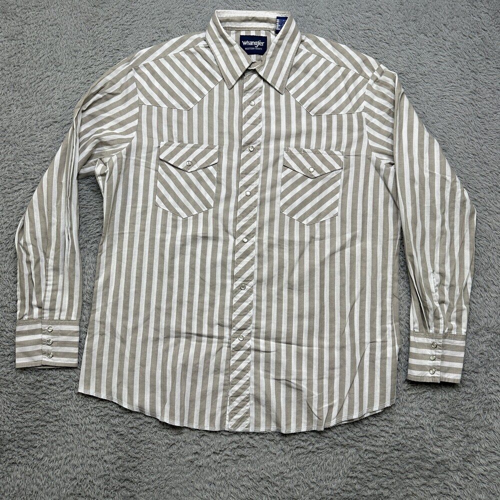 Wrangler Shirt Mens L Tan White Stripe Long Sleeve Western Pearl Snap